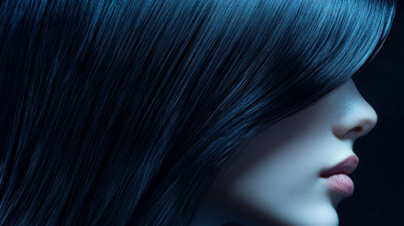 Profile of a woman with long dark hair illuminated against a dark backgroundの素材