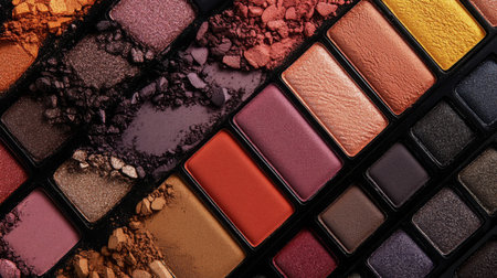Colorful eyeshadow palette with various shades arranged artistically on a black backgroundの素材