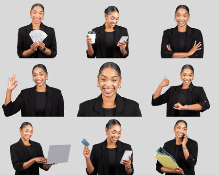Professional Woman Displaying Various Expressions and Activities, Studio Background