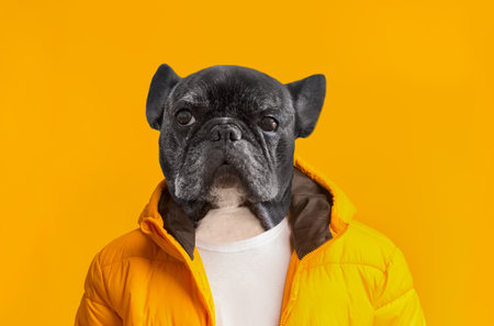Stylish French Bulldog Poses in Orange Jacket Against Yellow Backgroundの写真素材