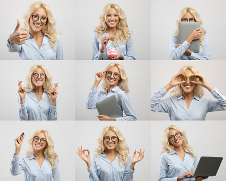 Young Woman Demonstrates Various Positive Emotions and Gesturesの写真素材