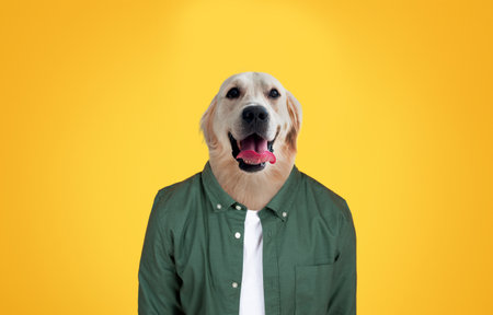 Golden Retriever Dog Wearing Human Clothes Against Bright Yellow Backgroundの写真素材