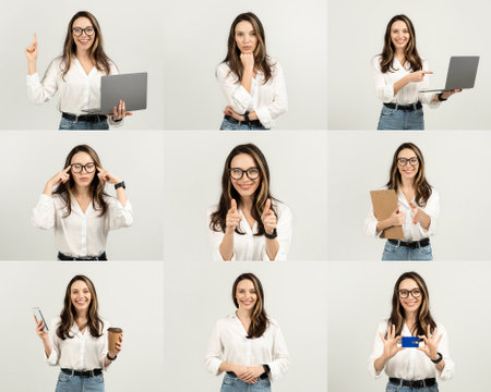 Engaging Professional Woman Demonstrating Various Expressions and Activitiesの写真素材
