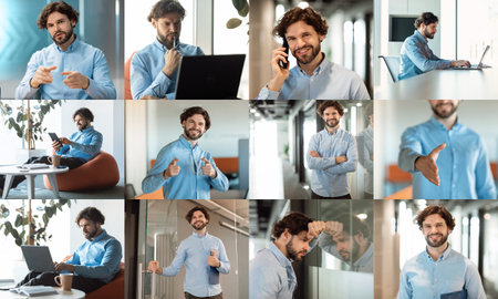 Professional Man Engaging in Various Work Activities in Modern Office