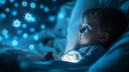 Child gazes at glowing representations of viruses in dimly lit bedroom during nighttimeの素材