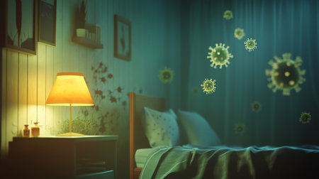 Cozy bedroom with ambient lighting and floating virus illustrationsの素材