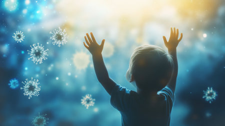 A child reaches out towards glowing particles and floating shapes in a magical atmosphereの素材