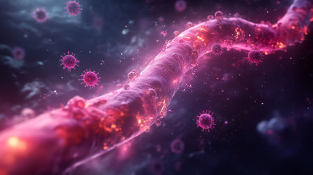 Detailed visualization of a virus interacting with DNA in a microscopic environmentの素材