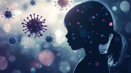 Child contemplating the impact of viruses in a colorful and abstract environmentの素材