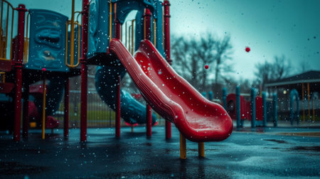 Red slide stands out on a wet playground after rain in the early morning lightの素材
