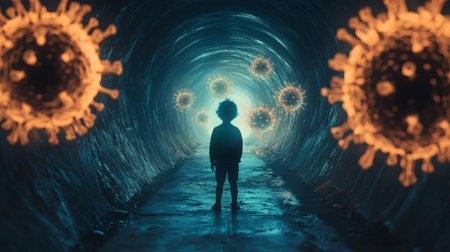 Child exploring dark tunnel illuminated by glowing virus-like orbs in a surreal settingの素材