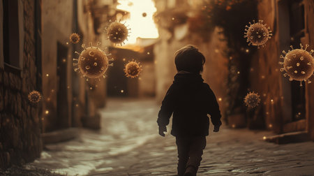 Child walking through an empty street during pandemic twilight with floating virus symbolsの素材
