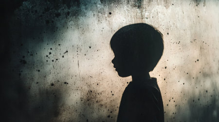 A childs silhouette against a weathered background during late afternoon lightの素材