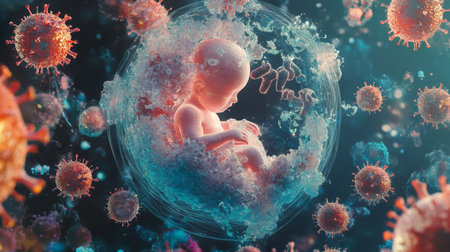 A developing fetus surrounded by virus particles in a cosmic environment during pregnancyの素材