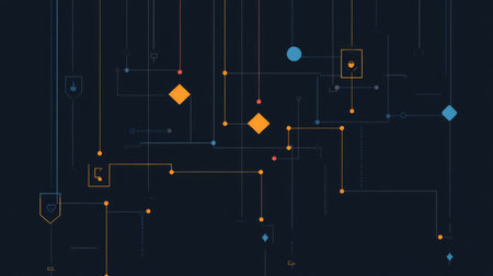 Abstract geometric shapes and lines create a vibrant digital artwork on a dark backgroundの素材