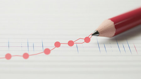 Graphing data trends using a red colored pencil on lined paper in a classroom settingの素材