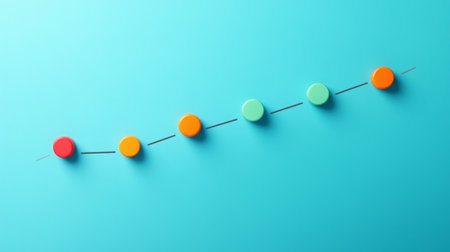 Colorful round tokens arranged on a turquoise background in a creative line patternの素材