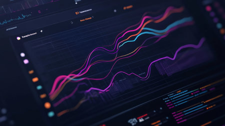 Colorful data visualization showcasing trends and metrics on a digital interface at nightの素材
