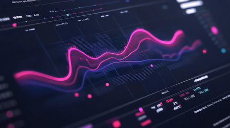 Visual representation of data analytics and trends on a screen in a modern workspaceの素材