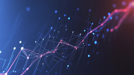 Dynamic data visualization depicting rising trend against a dark backgroundの素材