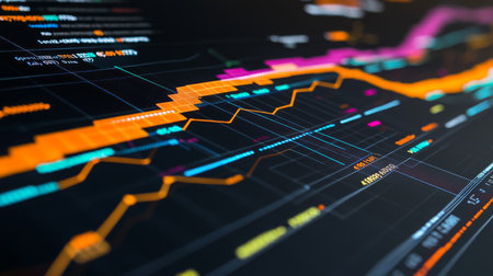 Dynamic financial data visualization displaying trends and fluctuations in market analysisの素材