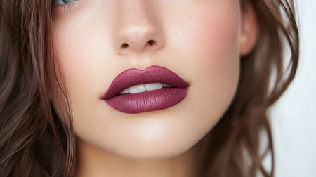 Close-up of a model with bold burgundy lipstick and natural makeup on a neutral backdropの素材