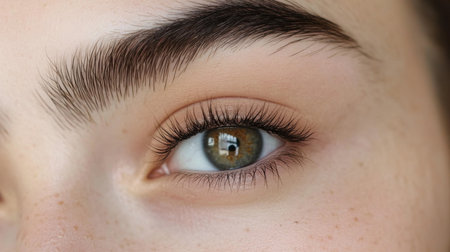 Close-up of womans eye showcasing detailed eyelashes and striking green irisの素材