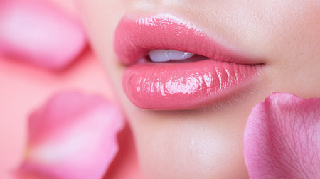 Close-up of soft pink lips adorned with rose petals on a gentle pastel backgroundの素材
