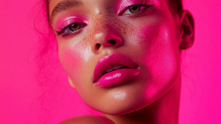Close-up of model with vibrant pink makeup against a bold pink backdropの素材