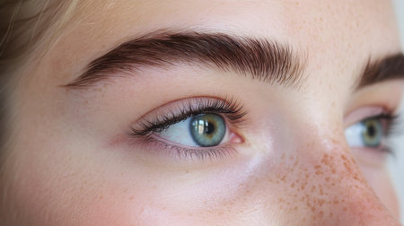 Close-up view of young womans eye highlighting natural beauty and distinct eyebrow shapeの素材
