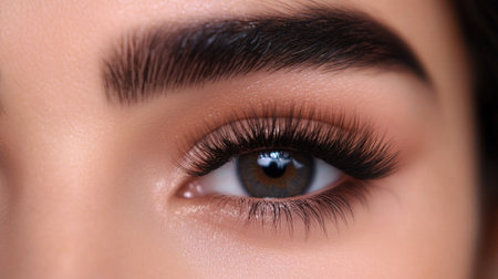 Elegant close-up of a womans eye highlighting long lashes and well-defined browsの素材