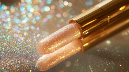 Close-up of a shimmering lip gloss tube reflecting colorful glitter backdrop in soft lightの素材