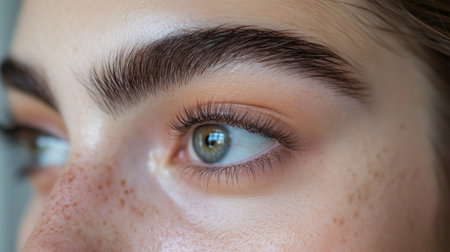 Close-up of a persons eye highlighting natural beauty features and vibrant green irisの素材