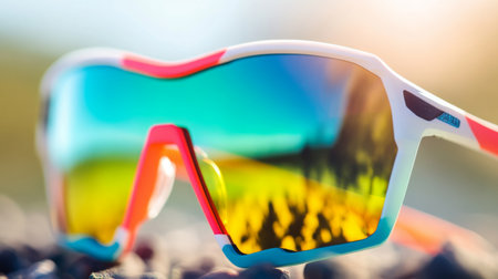Stylish sports sunglasses resting on stones with a vibrant outdoor backgroundの素材