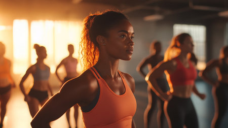 A group of women participate in an energetic workout class during sunset in bright studioの素材
