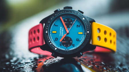 Colorful wristwatch on wet surface showcasing its vibrant design and waterproof featureの素材