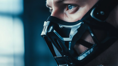 Man wearing a black mask while looking intently at their surroundings in a dimly lit areaの素材