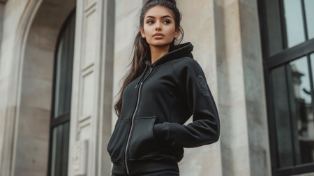 Young woman in a black hoodie poses confidently outside a stylish urban buildingの素材
