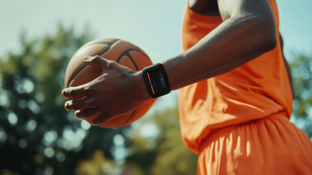 Player dribbles basketball wearing smartwatch under warm sunlight on outdoor courtの素材
