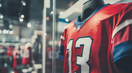 Display of a red football jersey featuring the number 13 in a sports retail store at duskの素材