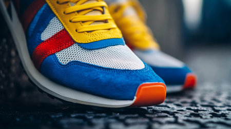 Colorful athletic sneakers displayed on a textured surface in a bright urban environmentの素材