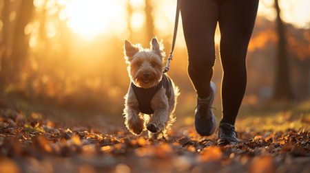Person walking a dog on a leaf-covered path during sunset in an autumn parkの素材