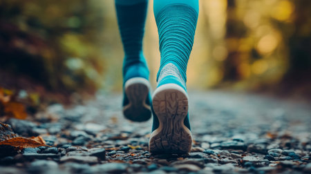 A runner enjoying a peaceful trail through the woods during early morningの素材
