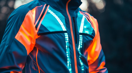 Brightly illuminated jacket worn by a runner during evening exercise in the parkの素材