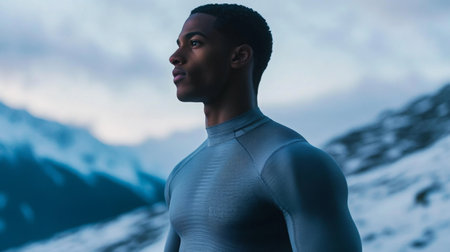 Young athlete standing confidently against a mountainous backdrop during twilight hoursの素材