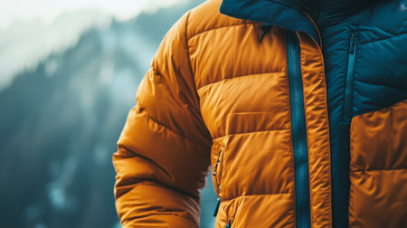 A person wearing a bright orange jacket stands against a mountain backdropの素材