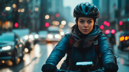 A determined cyclist rides through a bustling city street filled with trafficの素材