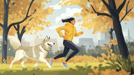 Woman enjoys jogging with her dog in park surrounded by colorful autumn foliageの素材