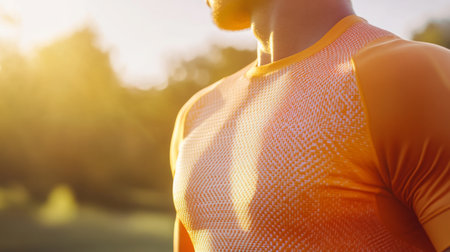 Athlete training in a vibrant orange shirt during sunset at a parkの素材