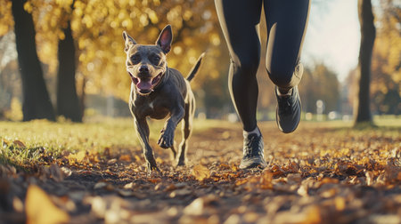 A dog runs alongside its owner during an autumn jog in park filled with fallen leavesの素材